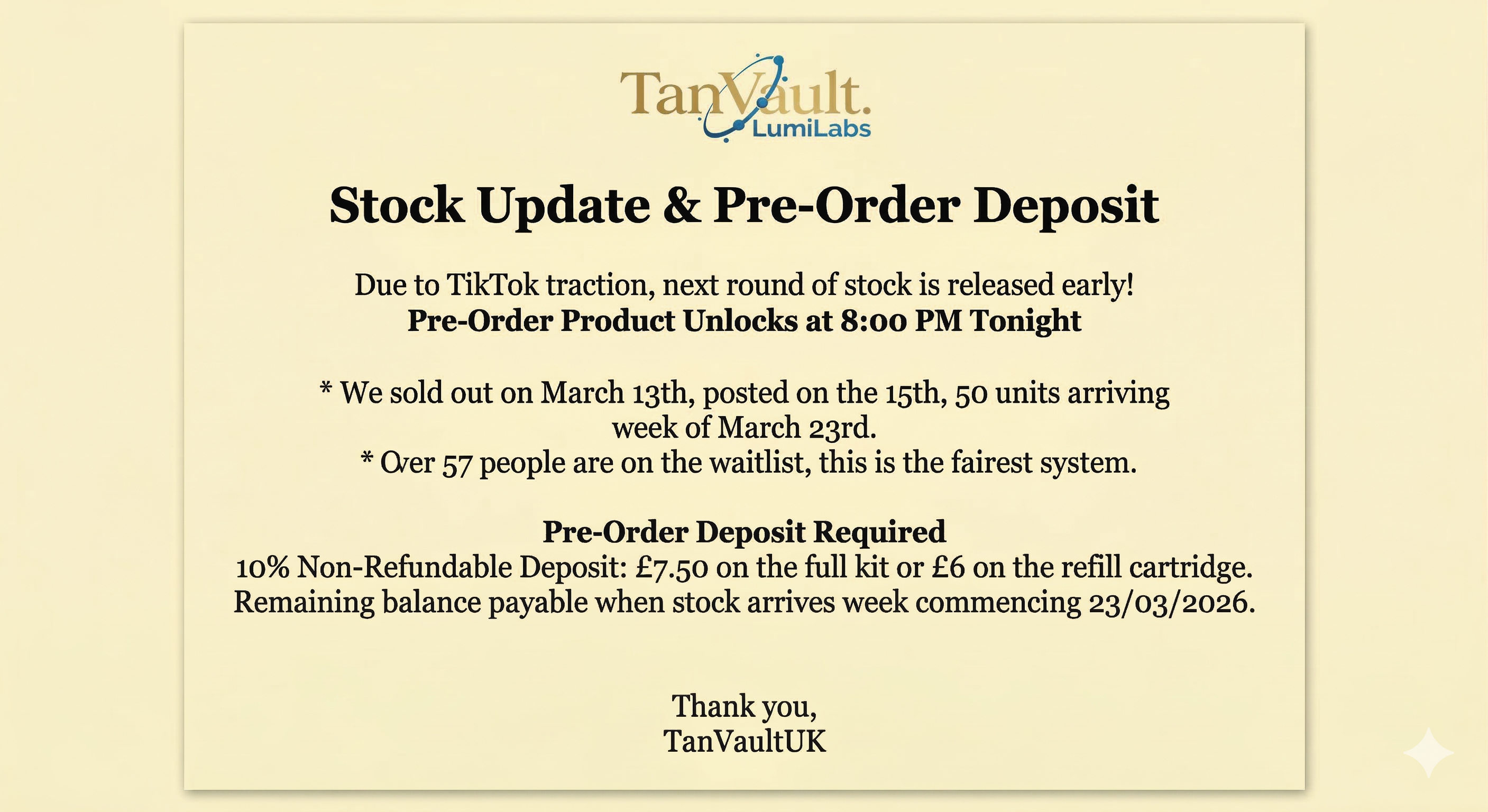 PRE ORDER FOR Deliveries week of 23rd March PRE ORDER 10% DEPOSIT 50 Units (SOLD OUT)